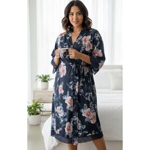 City Chic Navy Peony Floral Lace Trim Wrap Robe Plus Size XL 22